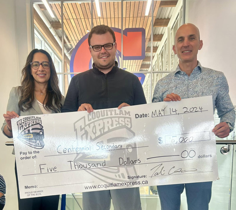 Tali Campbell and partners presenting a $5,000 ceremonial cheque to Centennial Secondary from the Coquitlam Express.